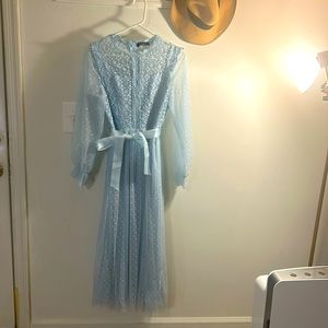 Simplee Lace Trim Belted Dobby Mesh Dress